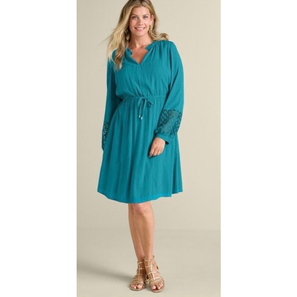 New Soft Surroundings Meara Gauze Dress Teal Blue Long Sleeve Knee Women's MP